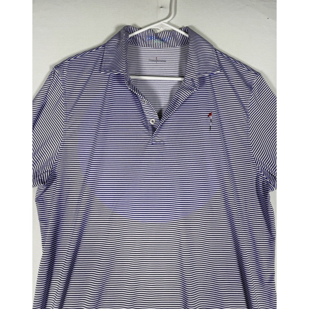 B Draddy Sport Shirt Medium Blue Stripe Dormie Network Performance Stretch Polo